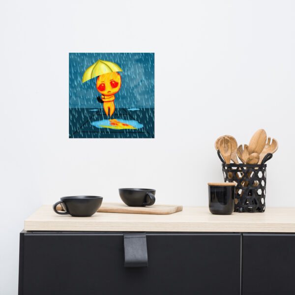 The "Flick" wall art, depicting a person holding an umbrella in the rain, is showcased above a modern kitchen counter adorned with black dishes and wooden utensils.