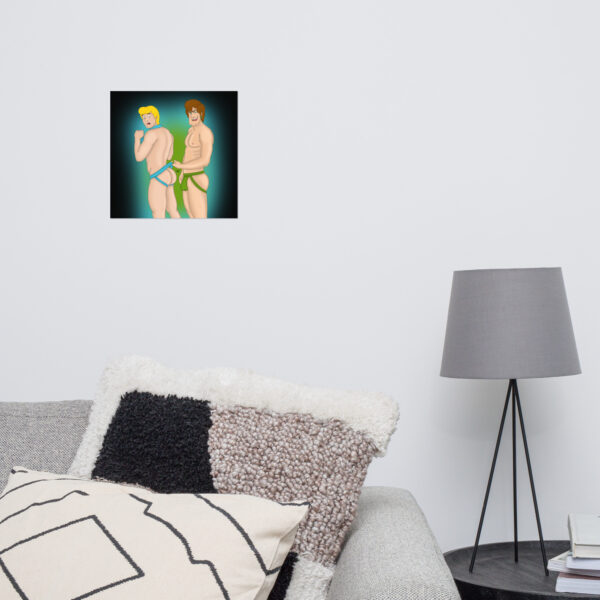 A modern living room featuring Shaggy and Fred, a colorful abstract art piece depicting two figures, accompanied by a lamp and textured cushions.