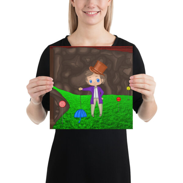 Person holding a drawing of a cartoon character named Wanka in a colorful fantasy setting with candy and greenery.