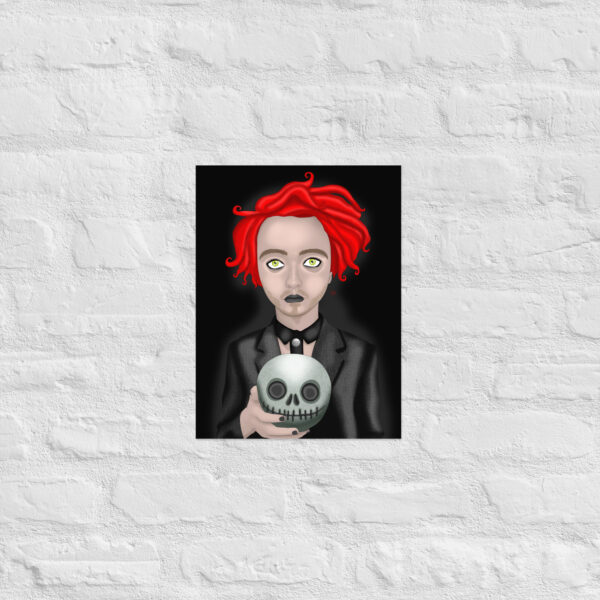 Illustration titled "Eros The Dead," featuring a person with red hair holding a skull against a black background, mounted on a white brick wall.