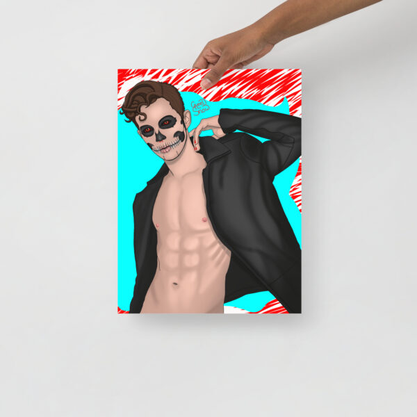 A person holding a poster of SkullFace, showcasing a stylized illustration of a shirtless man with skull-like face paint and wearing a black jacket, set against a blue and red background.