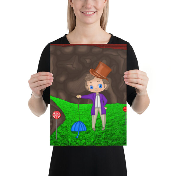 Person holding a poster featuring the Wanka cartoon character, adorned in a brown top hat and purple coat, standing on grass with candy elements in the background.