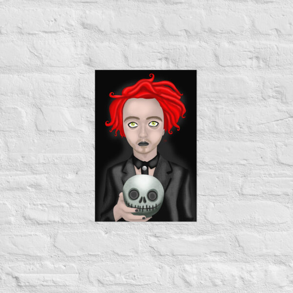 A person with red hair and bright eyes holds the "Eros The Dead" skull, set against a white brick background.