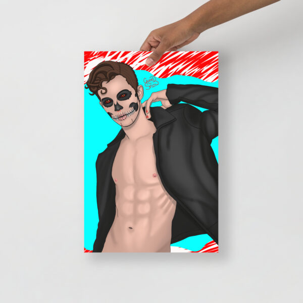 A hand holds a poster showcasing SkullFace, depicting a shirtless cartoon male with a skeleton face, a black jacket, and set against a vibrant red and teal background.