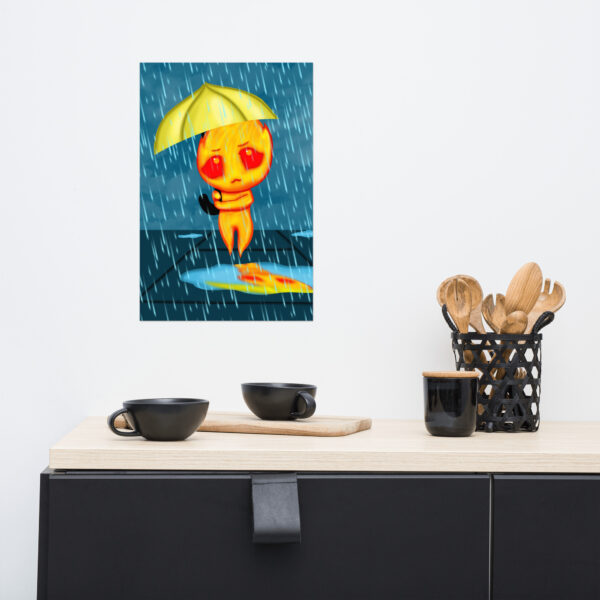 A whimsical illustration of *Flick*, a creature holding a yellow umbrella in the rain, is displayed above a modern kitchen counter featuring black cups and wooden utensils in a holder.