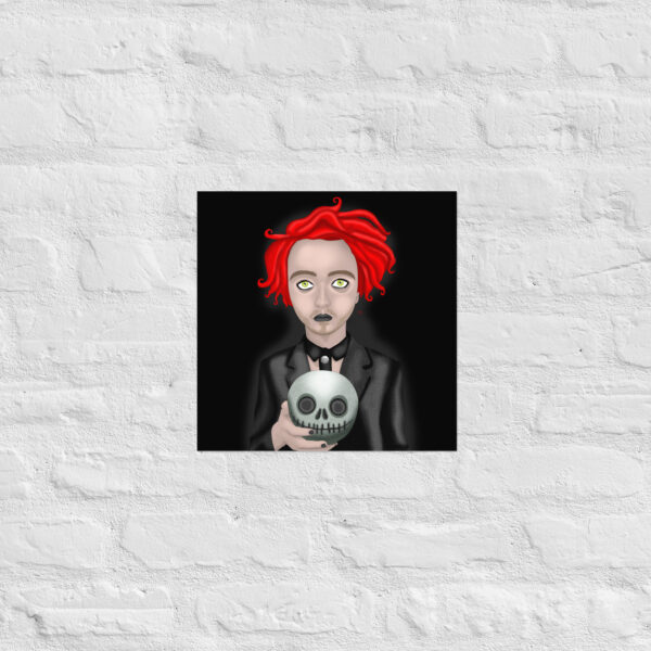 Digital illustration depicting "Eros The Dead," featuring a person with vibrant red hair holding a skull against a brick wall backdrop.