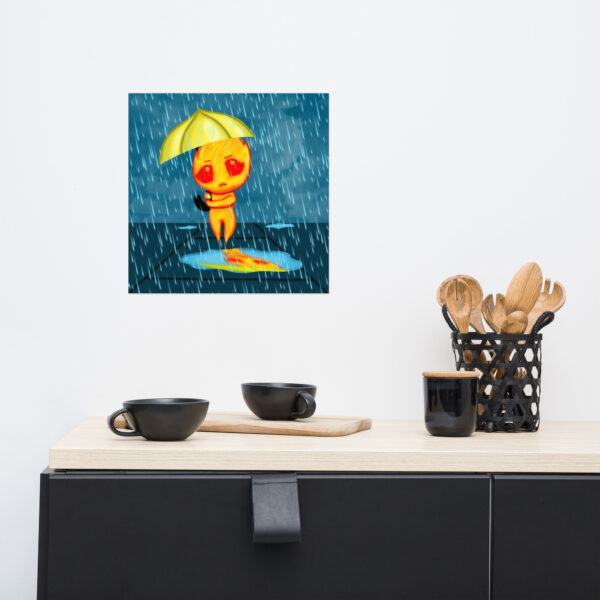 The Flick art print on the wall features a character standing under an umbrella on water. Accompanying this display, black cups, a wooden board, and a holder with wooden kitchen utensils are placed on a black cabinet nearby.