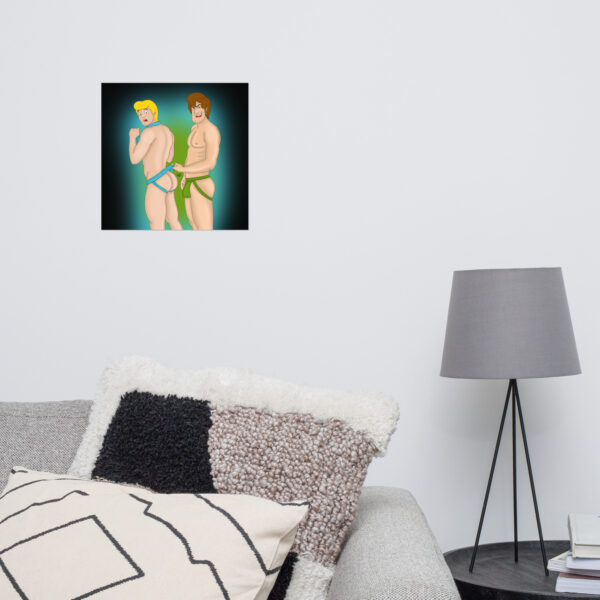 Illustration titled "Shaggy and Fred" depicting two people in swimsuits on a wall above a couch adorned with cushions and accompanied by a lamp.