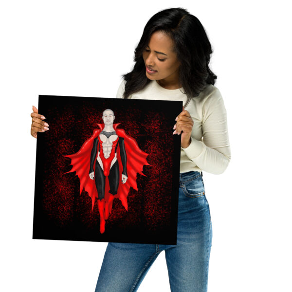 A woman in a white long-sleeve top and jeans holds a square artwork titled "Count Matthew Clyde," which depicts a superhero with a red cape on a dark background.