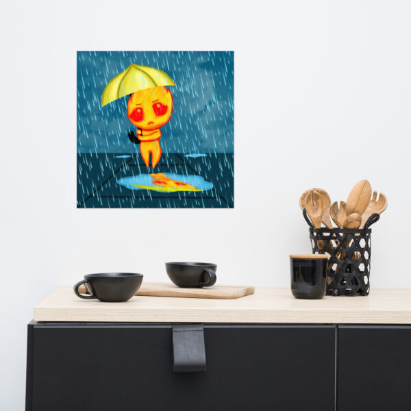 A digital artwork titled "Flick" features a cartoonish character holding a yellow umbrella in the rain. In front of it, a kitchen countertop is adorned with two cups and a holder containing wooden utensils.