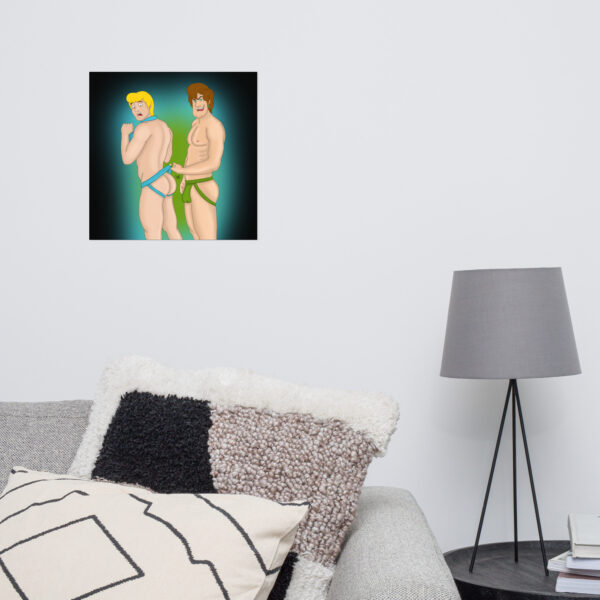 Displayed in a square frame on a white wall is "Shaggy and Fred," a colorful illustration of two muscular, cartoon-style men in green and yellow attire.