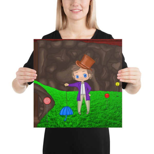 A person holding a vibrant illustration of the cartoon character Wanka, depicted in a purple coat and brown hat, standing on grass adorned with candy decorations.