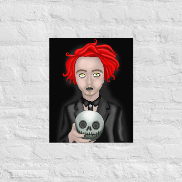 A portrait of a person with vibrant red hair, light skin, and dark makeup, holding "Eros The Dead," a round object featuring a skull design, set against a black backdrop.