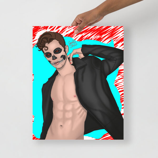 A hand holds an artwork titled "SkullFace," featuring a shirtless man with a painted skull face, wearing a black jacket against a bright background.