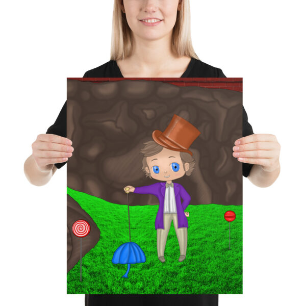 A person holding a poster featuring Wanka, a cartoon character dressed in a top hat and purple coat, standing on grass with a blue umbrella and lollipops.