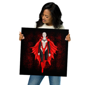 Person holding a square poster featuring an illustration of Count Matthew Clyde, a superhero in a red and black costume with a cape, set against a dark background.