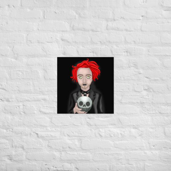 Illustration titled "Eros The Dead" depicting a person with red hair holding a skull against a black background, displayed on a white brick wall.