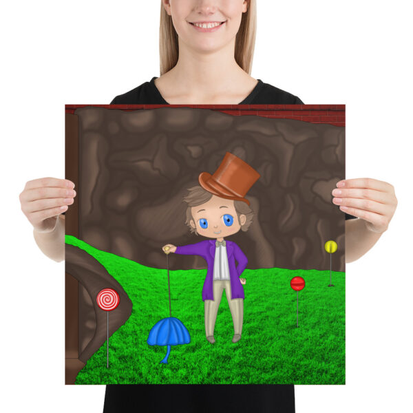 A person holding a Wanka poster, showcasing a cartoon character with a top hat and cane, standing on grass surrounded by vibrant lollipop trees.