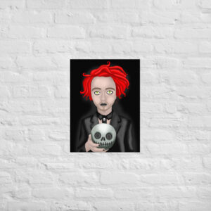 An illustration of a character from "Eros The Dead," featuring a person with red hair in a black suit, holding a skull with a stitched smile, set against a white brick wall background.