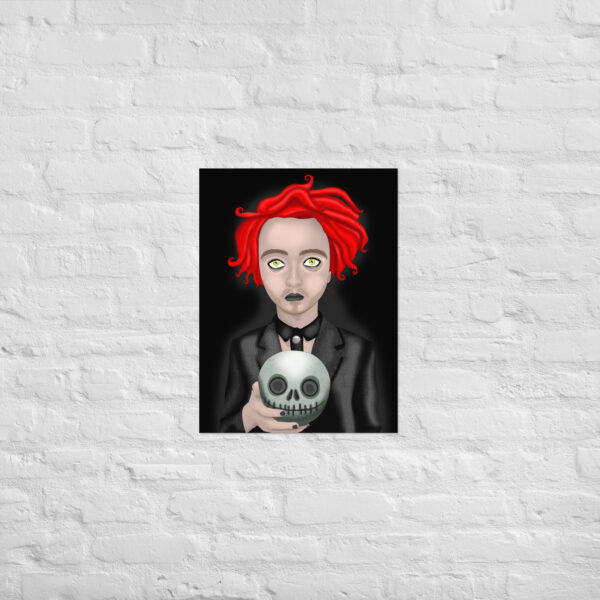 An illustration of a character from "Eros The Dead," featuring a person with red hair in a black suit, holding a skull with a stitched smile, set against a white brick wall background.