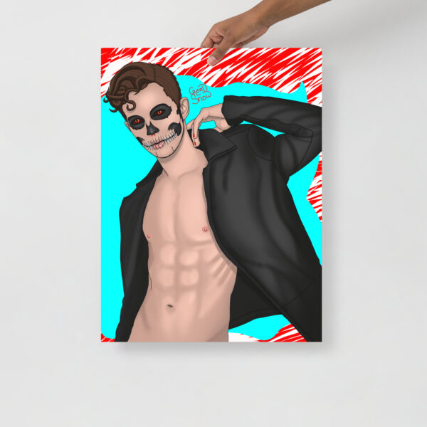 A hand holds a poster featuring SkullFace, showcasing a shirtless man with a painted skull face and an open black jacket against a vibrant red and blue background.