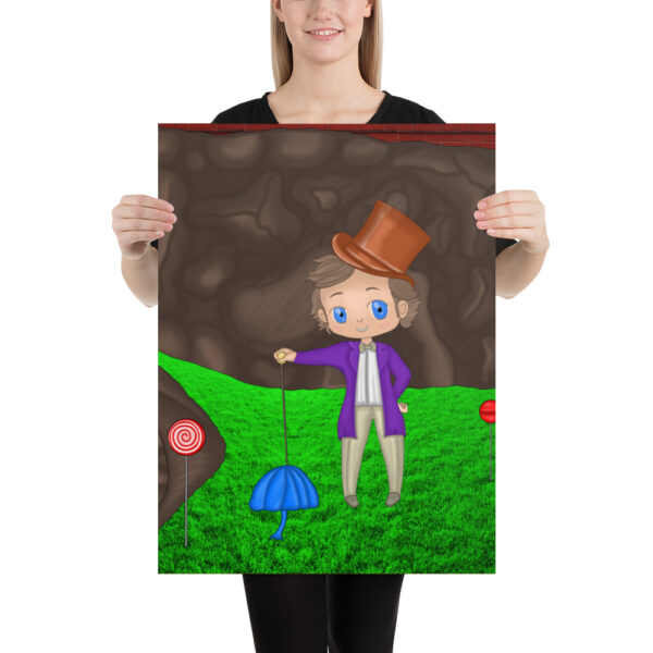 A person holding a Wanka poster that showcases a cartoon character in a top hat and purple coat standing on grass, surrounded by oversized candies.