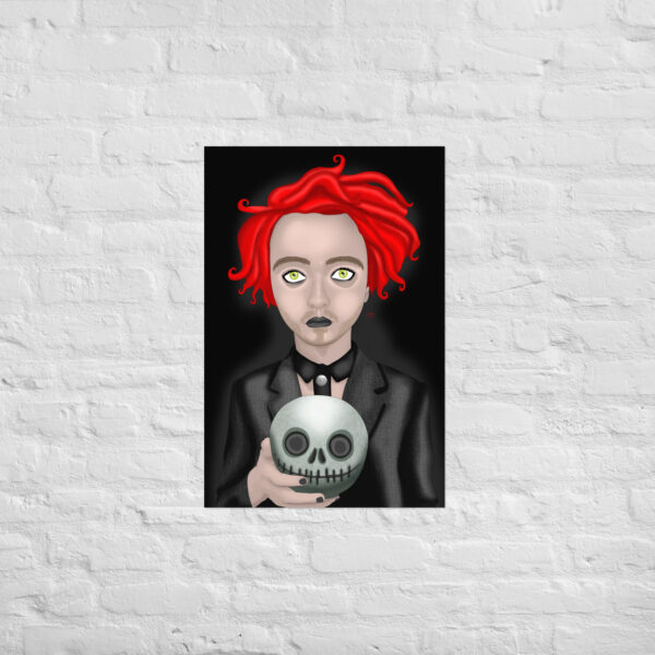 An illustration titled "Eros The Dead" depicts a person with vibrant red hair holding a skull against a white brick wall backdrop.