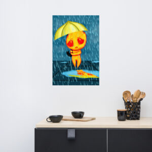 A cartoon character holding a yellow umbrella stands on a melting piece of ice in the rain, showcased in the Flick artwork hanging on a white wall above a black cabinet with kitchen items.