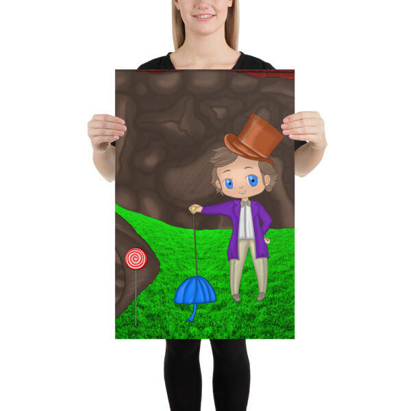 Person holding a poster of Wanka, a cartoon character in a top hat and purple coat, standing on grass with an umbrella beside a large lollipop.