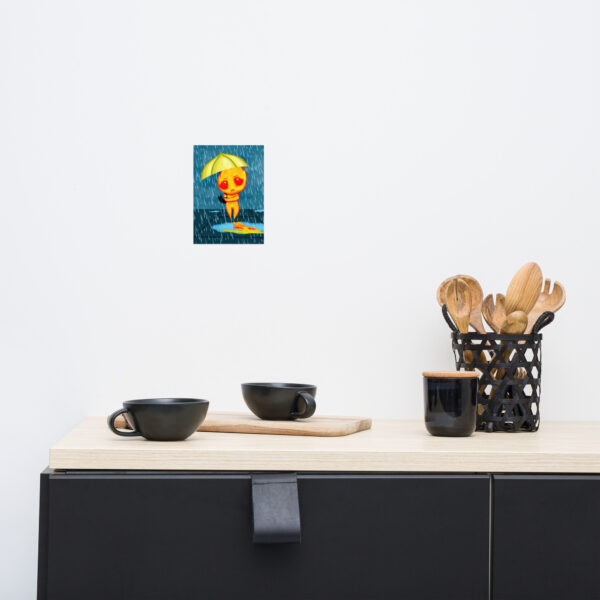 A minimalist kitchen setting featuring black mugs, wooden utensils, and a vibrant artwork titled "Flick" depicting a person with a yellow umbrella on the wall.