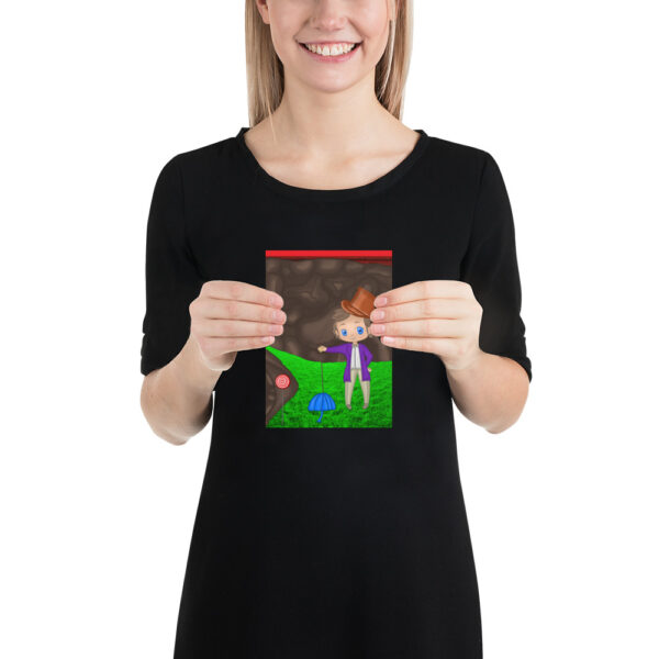 A smiling person is holding a Wanka illustration featuring a character in a hat on a grassy landscape.