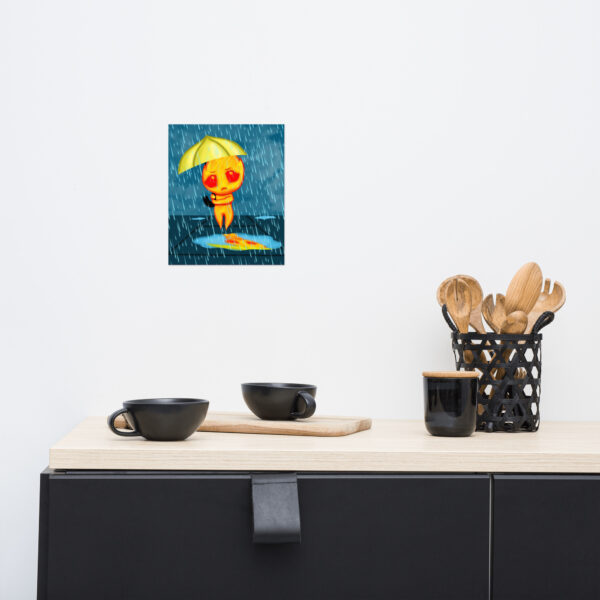 The Flick artwork, a vibrant depiction of a figure holding an umbrella in the rain, is mounted on a white wall above a sleek modern cabinet, which features two black cups and a holder filled with wooden utensils.