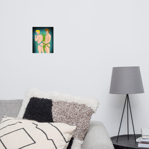 A modern living room featuring the "Shaggy and Fred" grey sofa, complemented by textured pillows and illuminated by a floor lamp, with a small colorful artwork adorning the white wall.