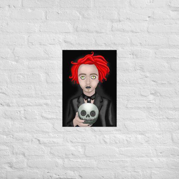 Artwork titled "Eros The Dead", featuring a figure with vibrant red hair, dressed in a suit while holding a skull against a backdrop of white brick wall.