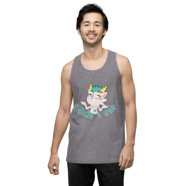 A person wearing the "I didn't ask Tank," a gray tank top featuring a cartoon character and the text "I didn't ask!