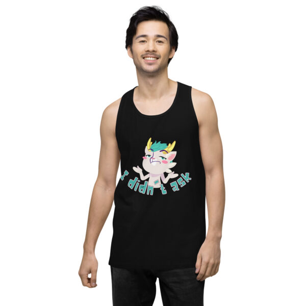 A person wearing the "I didn't ask Tank," which features a black tank top with a vibrant goat cartoon and the text.