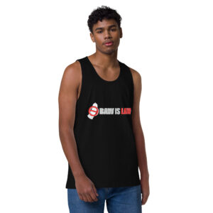 A person wearing the Raw is Law Tank featuring a distinctive graphic and text, set against a white background.