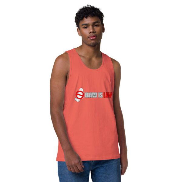 A person wearing the "Raw is Law Tank," featuring a red design with the text "RAW IS LAW" and a sushi roll graphic, stands against a white background.