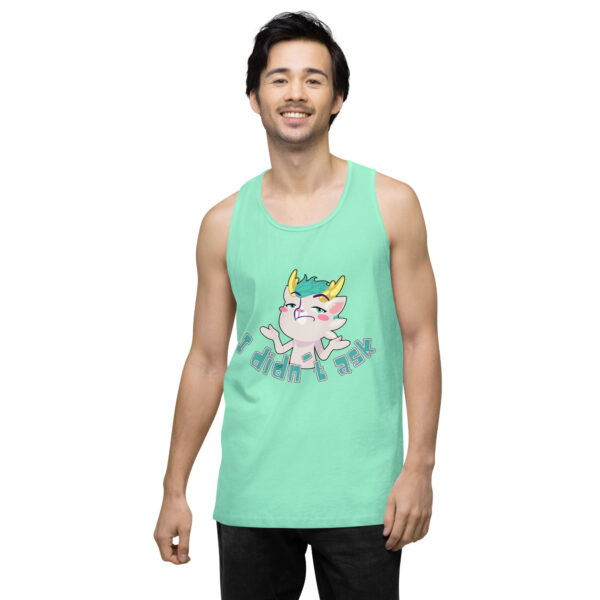 Person wearing the "I didn't ask Tank," a green tank top featuring an illustrated character.