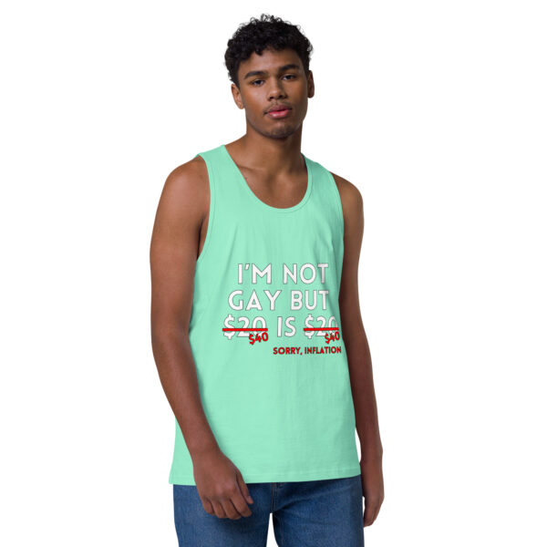 Person wearing an "I'm Not Gay" tank top in green with humorous text about inflation.