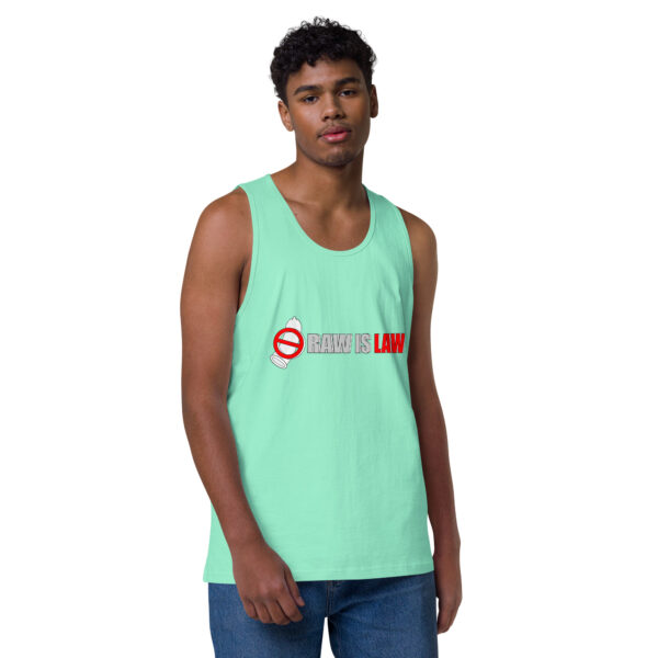 A man wearing the "Raw is Law Tank," a mint green top featuring the text "RAW IS LAW" alongside a graphic of a red stop sign.