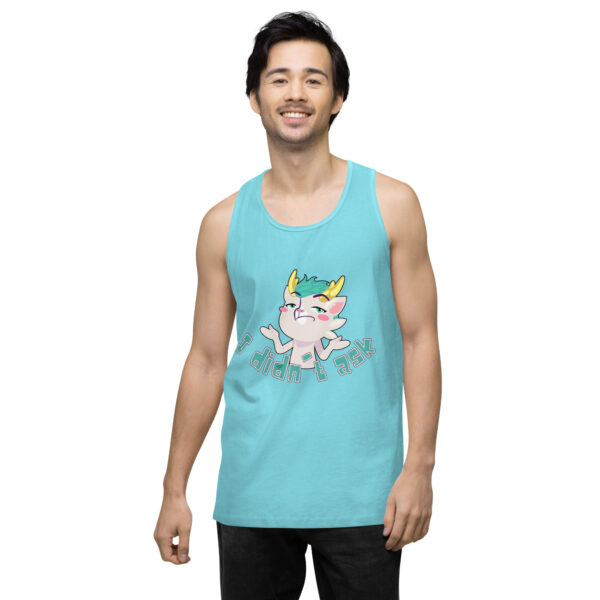 A person wearing the "I didn't ask" tank top in light blue featuring a cartoon character and text design.