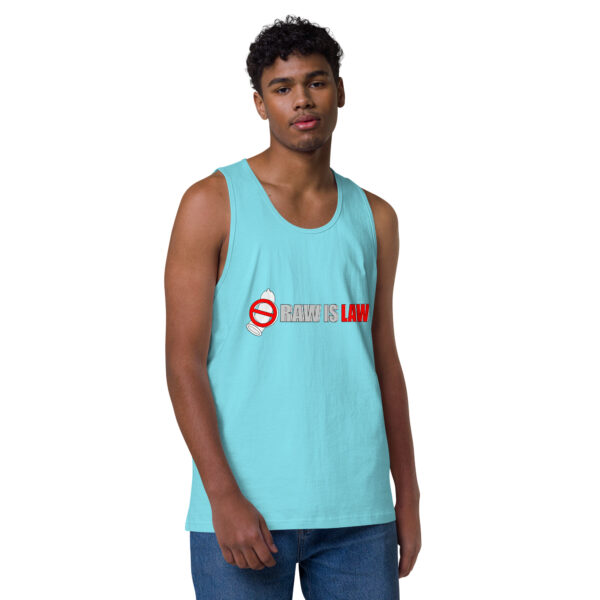 A person wearing the "Raw is Law Tank," which is a light blue top featuring a graphic and the text "RAW IS LAW," stands against a plain white background.