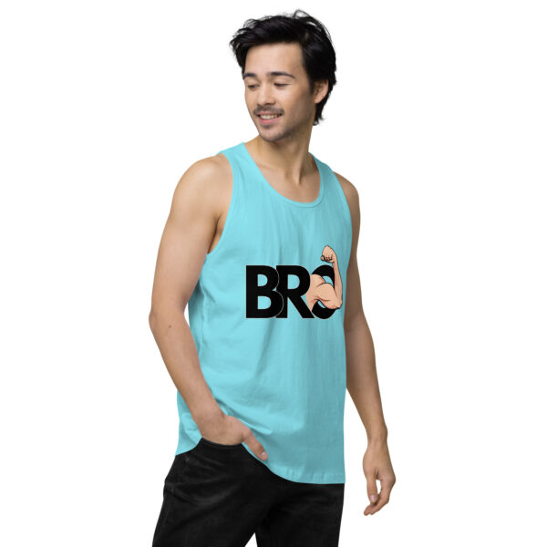 Person wearing a turquoise Bro Tank with a flexing arm graphic printed on it.