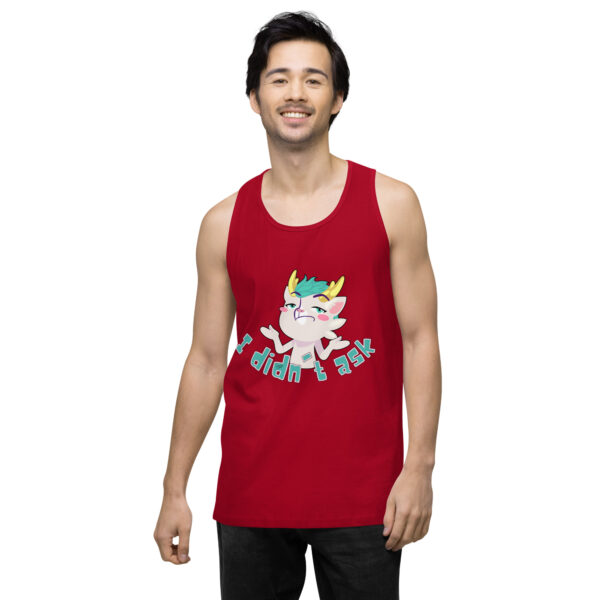 A person wearing the "I didn't ask Tank," a red tank top featuring a cartoon character and text.