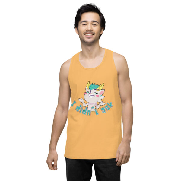 A person wearing the "I didn't ask Tank," an orange tank top featuring a cartoon and text on the front, standing and smiling.