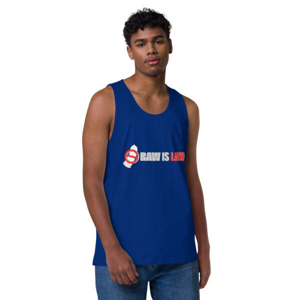 A person wearing a blue Raw is Law Tank, featuring the "Baw Is Law" text and graphic, stands against a plain background.