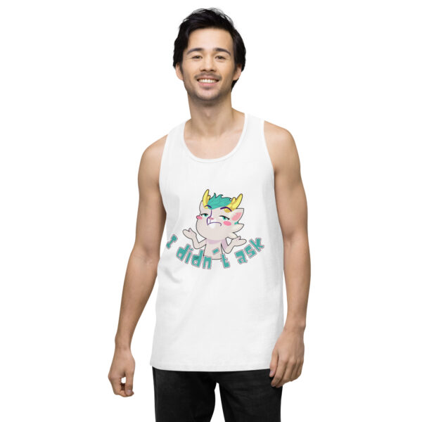 A person wearing the "I didn't ask Tank," a white tank top featuring a cartoon character, stands and smiles.