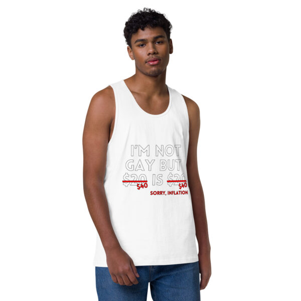 A man wearing an "I'm Not Gay" tank top.