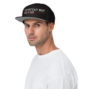 A person wearing an "I'm Not Gay" snapback hat and a white t-shirt, looking towards the camera.